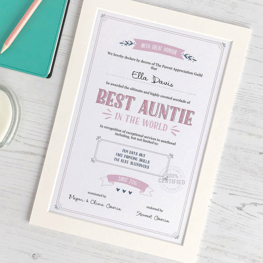 Best Auntie / Godmother Personalised Certificate