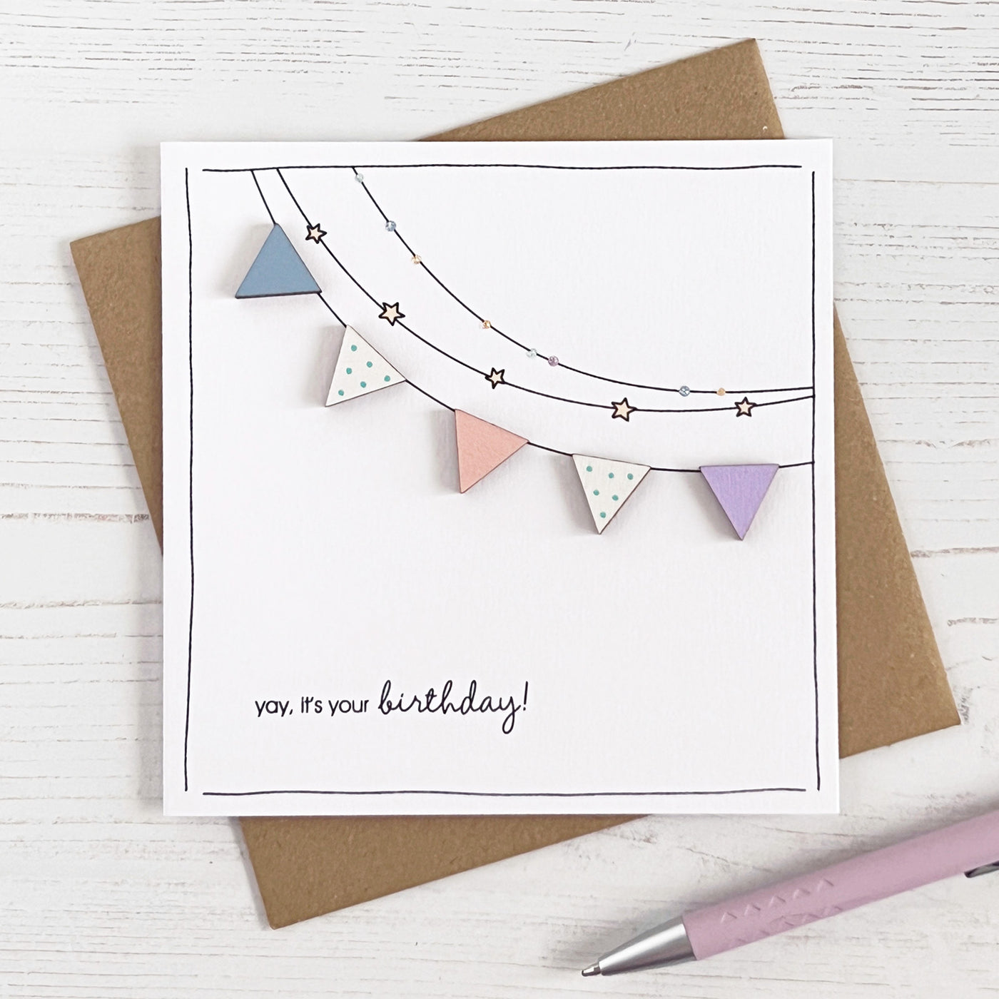 Birthday Bunting Card, Wooden Topper